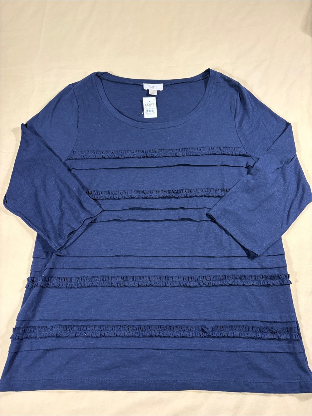 NWT Loft Tiered Ruffle Striped 3/4 Sleeve Top Navy Blue Size XL